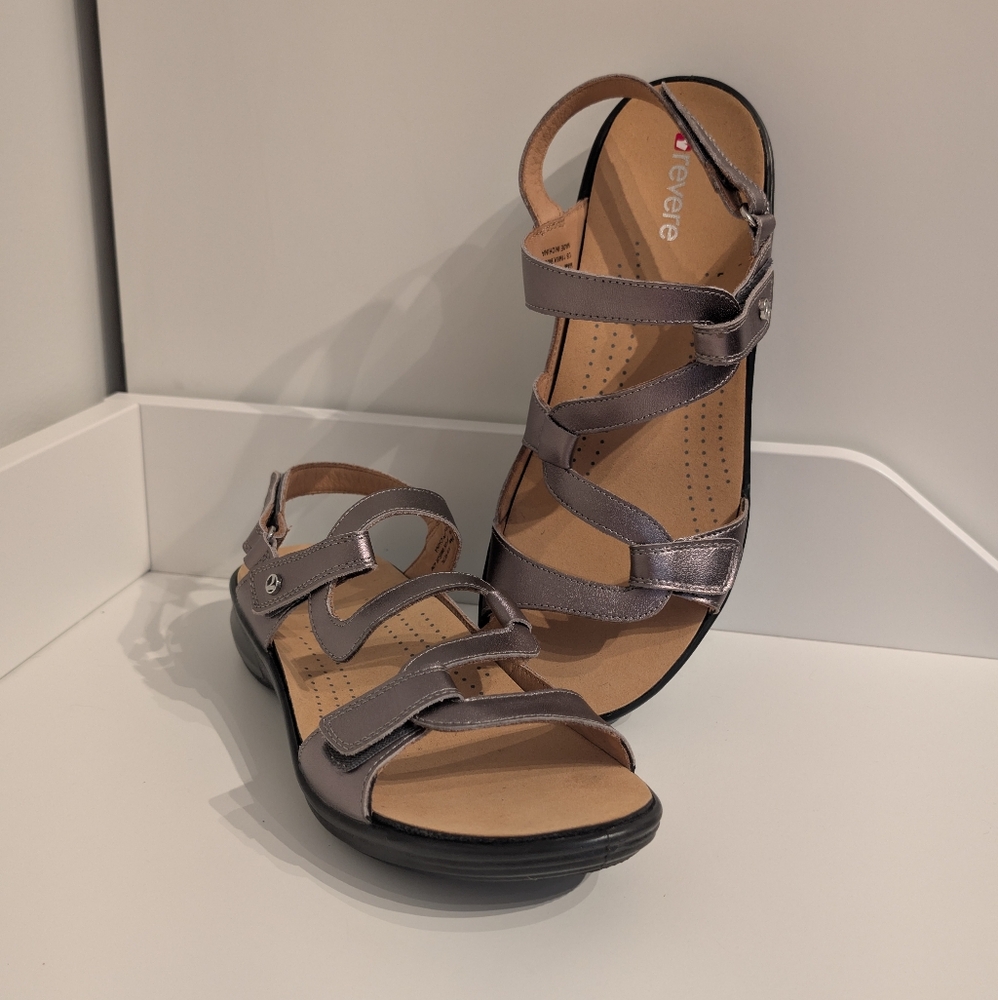 NWOT Revere Miami Sz 11 Women's Back Straps Gun Metal Orthotic Friendly Sandals